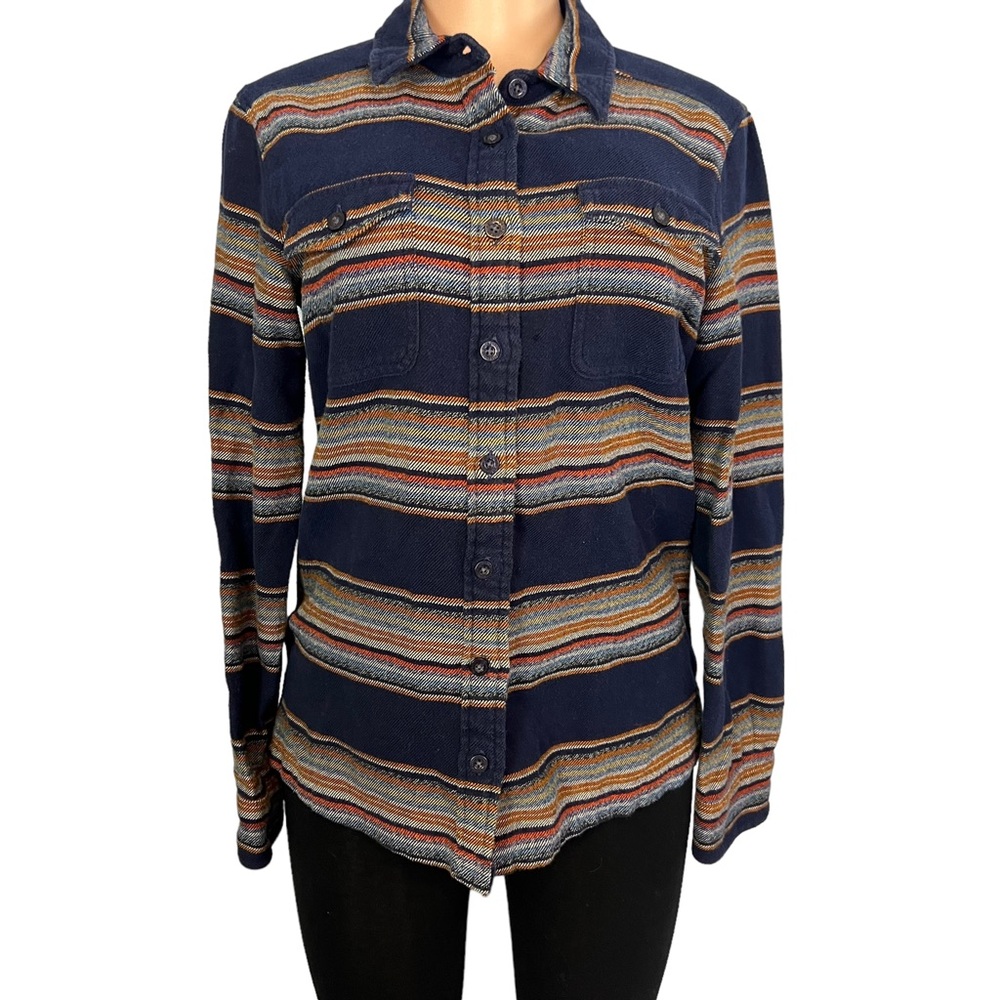 Patagonia Fjord Button Down Cotton Flannel Multi Colored Stripes Navy Blue